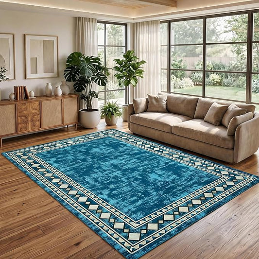 Garvee 8x10 Vintage Border Washable Rugs for Living Room Bedroom Rug, Teal | Boho Area Rug Stain Resistant Easy Cleaning Throw Rugs Low Pile Floor Cover for Nursery Dining Room Apartment