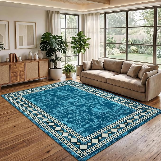 Garvee Area Rugs 9x12 Living Room Washable Rug Vintage Border Rugs, Teal | Boho Area Rug Stain Resistant Easy Cleaning Throw Rugs Low Pile Floor Cover for Nursery Dining Room Apartment