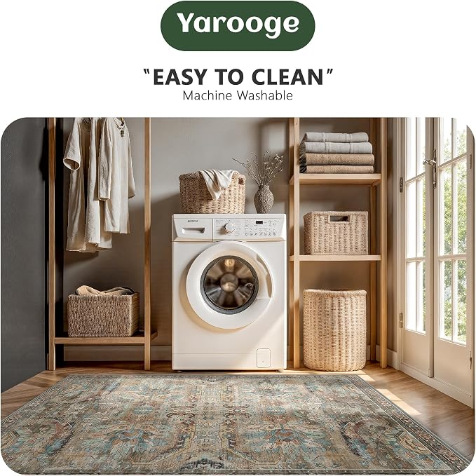 5x7 Area Rugs, Vintage Retro Soft Washable Rug, Non-Slip Low Pile Rugs for Living Room, Bedroom, Dining Room, Stain Resistant Home Decor Rug (Vintage Olive Green)