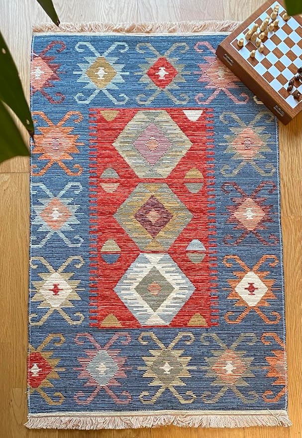 Secret Sea Collection: Modern Kilim Series Small Area Rug, Washable, Reversible, Cotton (2 x 3 feet, Antique Birds)