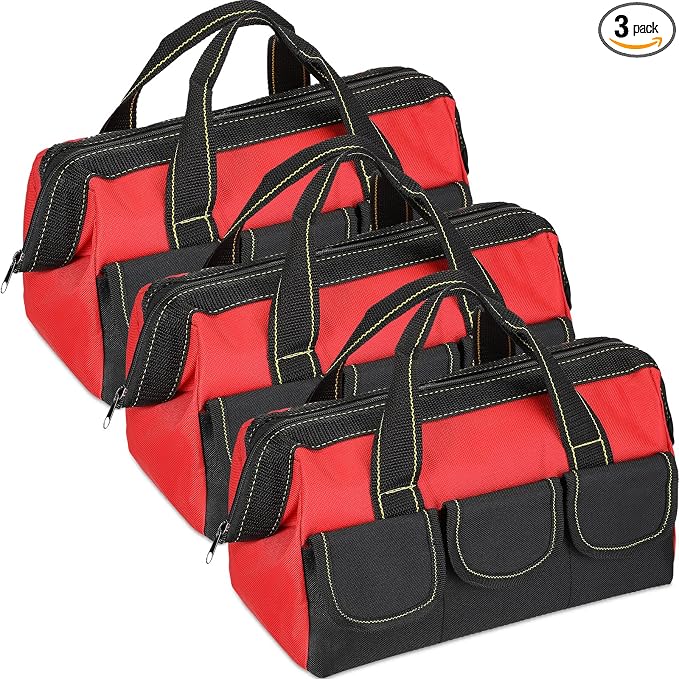 Sanwuta 3 Pack Tool Bag for Men with Waterproof Hard Bottom, Heavy Duty Tool Bag Wide Mouth Tote for Various Instrument, Electrician Carpenter Mechanic(Red,16 Inch,Classic)