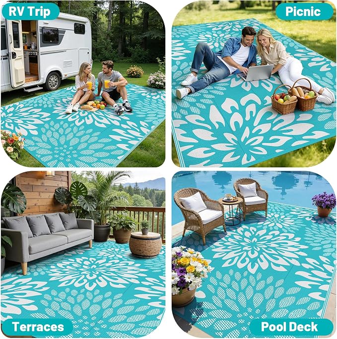 HEBE Waterproof Outdoor Rug 8x10 for Patios, Floral Reversible Plastic Straw Rug Patio Mat, Indoor Outdoor Carpet RV Mat Camping Rug for Deck, Camper, Porch, Balcony, Backyard, Picnic