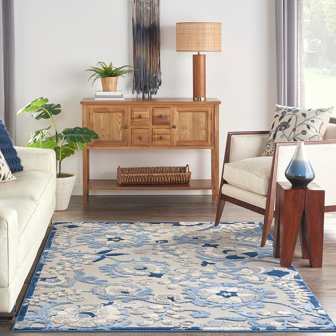 Nourison Home Aloha Blue Grey 6' x 9' Area Rug - Easy Clean, Non Shedding, Bed Room, Living Room, Dining Room, Kitchen (6' x 9')