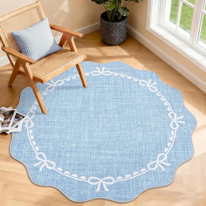 GarveeHome 4ft Round Rugs Washable Scalloped Bow Rug for Bedroom, Blue | Non Slip Soft Low Pile Ultra-Thin Stain Resistant Indoor Carpet for Living Room Nursery Girls Dorm Decor Kids Room Playroom