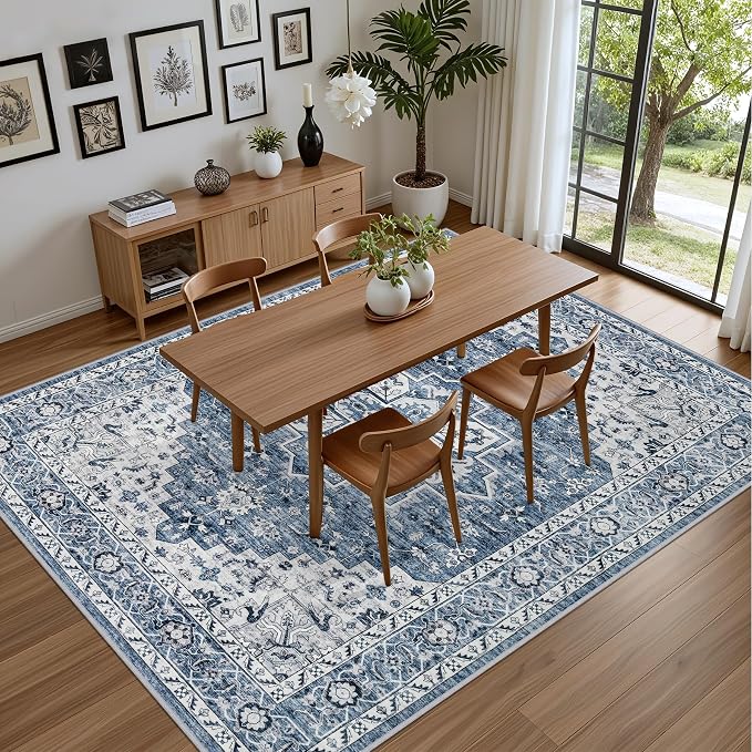 10x14 Area Rugs Living Room: Washable Vintage Rug for Bedroom Blue | Vintage No Slip Stain Resistant Rug Soft Indoor Decor Floor Floral Area Rugs for Dining Room, Nursery, Hallway, Home Office