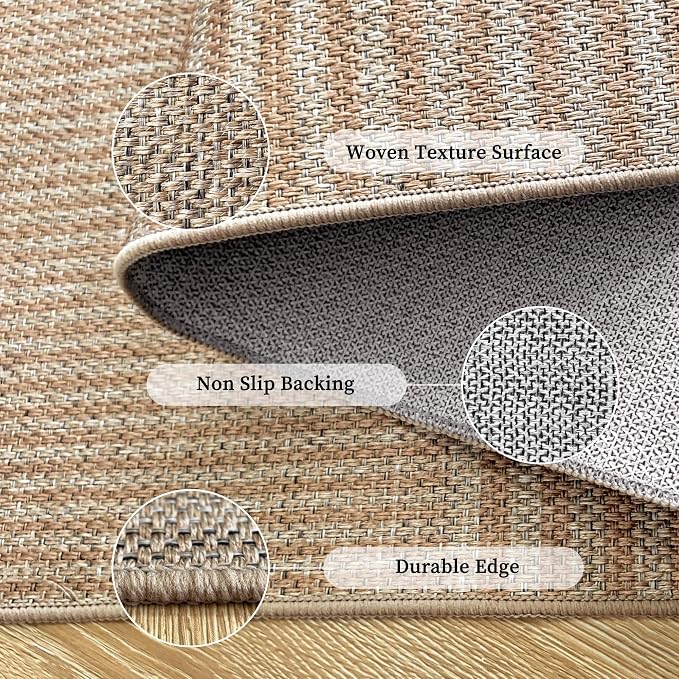 Easy Jute Rug 3x5 Outdoor: Natural Area Rugs for Patio Linen-Look Fabric Durable - Neutral Washable Carpet Mat for Entryway Bedroom Kitchen Non-Slip - Beige Stripes