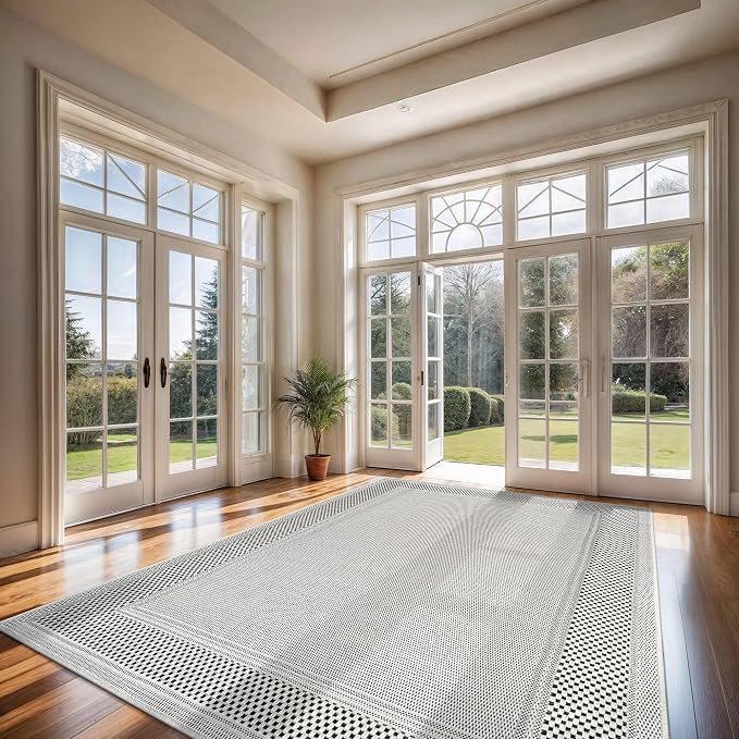 CAMILSON Easy Jute Rug 8x10, Indoor Outdoor Off-White Color Fiber Area Rugs for Entry, Living Room and Bedroom Rug, Bordered Boho Woven Design, Easy-Cleaning, Washable Outside Carpet (8 x 10)