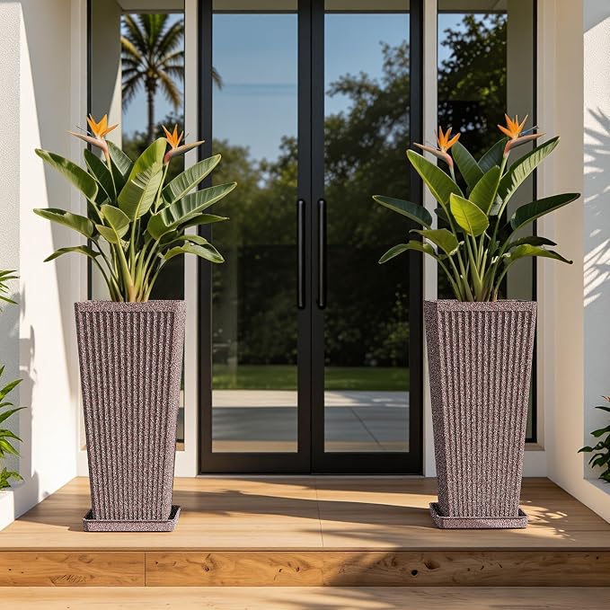 Taper Tall Planters for Outdoor Plants Set of 2, 24 Inch Faux Stone Large Outdoor Planters for Porch with Drainage Tray Saucers & Holes, Fluted Tall Indoor Flower Pots for Patio Balcony, Brown