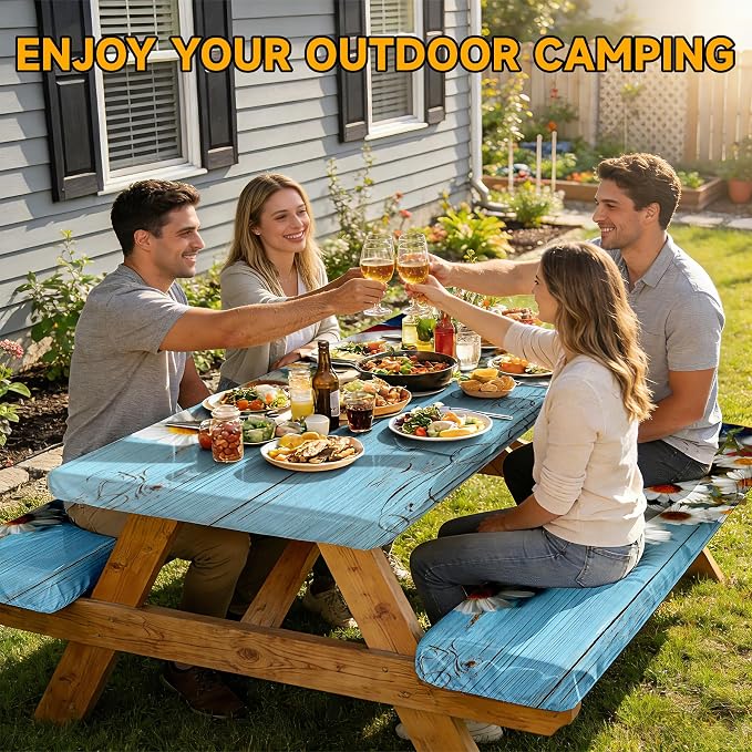 NYZE 3 Pieces Outdoor Picnic Table Cover with Bench Covers Set, Blue Wooden Daisies Camping Tablecloth Bench Covers with Drawstring Bag, Camping Essentials for Outdoor Picnics, Patio, BBQ