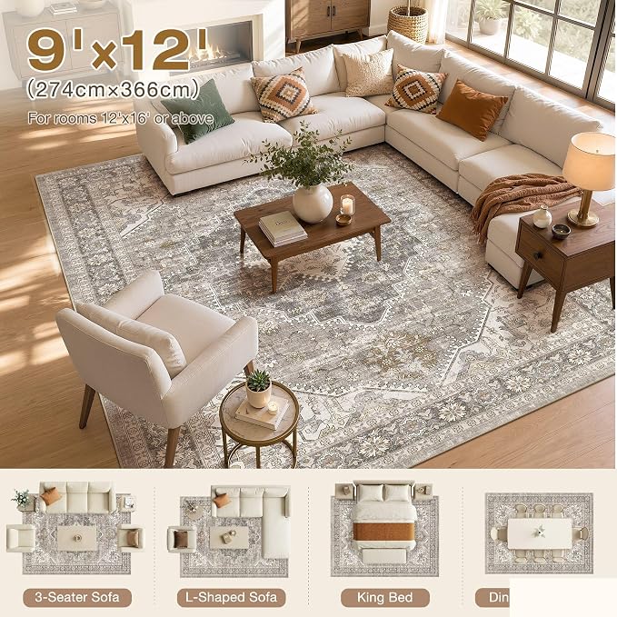 DTICON Vintage Washable 9x12 Area Rug Living Room Rugs, Taupe | Boho Distressed, Pet & Kid Friendly, Non-Slip Backing, Soft Polyester, Low-pile Carpet for Living Room, Bedroom, Dining Room