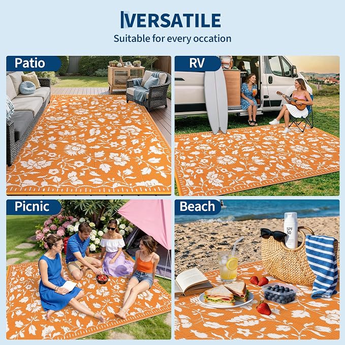Garvee 5x8 RV Outdoor Rug Waterproof, Floral Outdoor Plastic Straw Rug with Portable Bag, Vintage Foldable Reversible Outside Rugs for Picnic Backyard Deck Balcony Porch Beach Camper, Orange