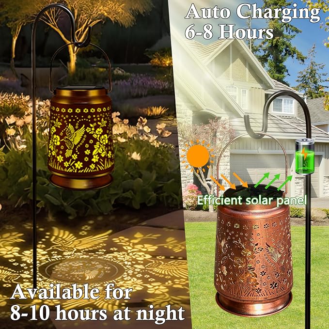KY&BOSAM Retro Led Hummingbird Solar Lanterns Outdoor Waterproof | Metal Openwork Hanging Solar Lights Gifts for Women Mom Grandma Birthday Outside for Yard Patio Backyard Porch Garden Decor