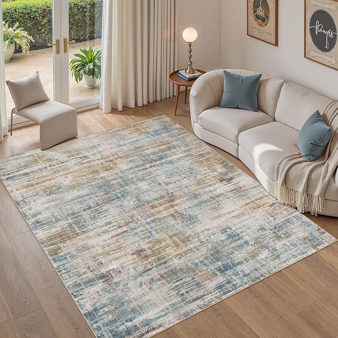 UERMEI 5x7 Area Rug for Living Room Washable Abstract Blue Brown Carpet | Low Pile Non-Slip Soft Neutral Modern Kid Pet Friendly Large Rugs For Bedroom Dining Room Nursery Office Indoor Decor