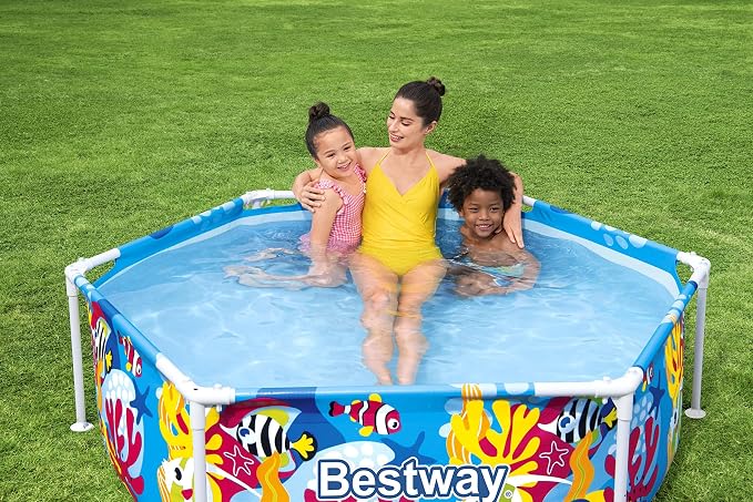 Bestway Steel Pro Frame Pool with Sun Protection Roof Splash-in-Shade Without Pump Diameter 183 x 51 cm Colourful Underwater Design Round