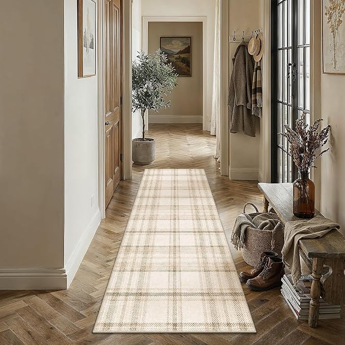 2x5 Beige Plaid Kitchen Runner Rug | Washable, Low Pile, Modern, Neutral, Soft, Non Slip, Rug for Hallway Bathroom Bedroom Nursery Indoor Home Decor