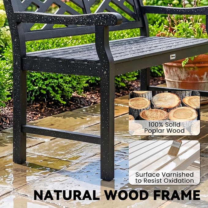 Outsunny Outdoor Garden Bench, Wooden Frame Patio Bench with Geometric Pattern, 43.25 Inch Weatherproof 2-Person Love Seat for Garden, Lawn, Porch, Yard, Work Entryway, Black