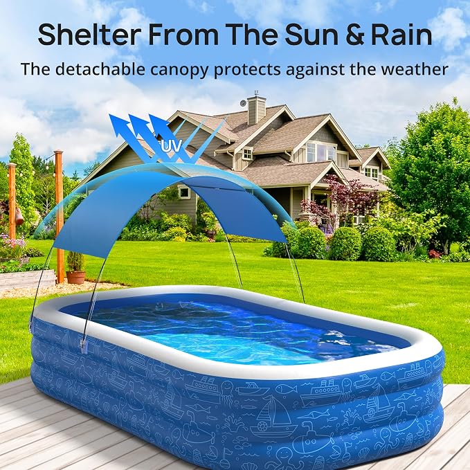 Large Inflatable Swimming Pool with Removable Canopy, 150" x 70" x 20" Full-Sized Kiddie Pool for Kids & Adults, Outdoor Blow-Up Pool with Sun Shade for Backyard & Garden, Durable & Safe, Age 3+