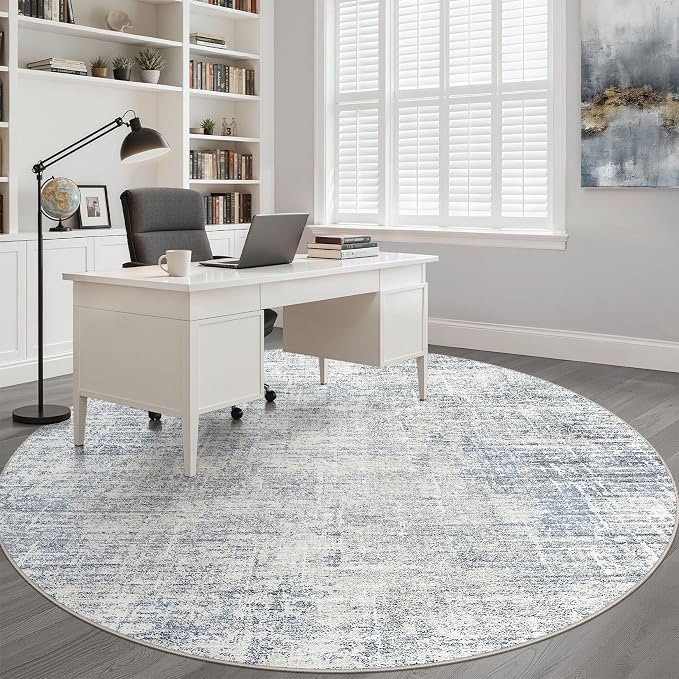 LOONGRUG Round Rug 7x7 Washable Neutral Modern Rug for Living Room Blue | Circle Large Abstract Soft Stain Resistant Indoor Non-Slip Carpet for Bedroom Nursery Kids Office Playroom Dining Room