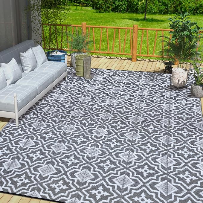 Alfolo Outdoor Rug for Deck 8x10 Waterproof,Outdoor Plastic Straw Camping Rug Reversible Mat for for Patio,Porch, Balcony Rv Camping Mat Outside Mat Indoor Outdoor Area Rug (Grey&White, 8'x10')