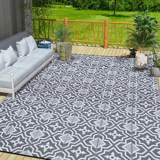 Alfolo Outdoor Rug for Deck 8x10 Waterproof,Outdoor Plastic Straw Camping Rug Reversible Mat for for Patio,Porch, Balcony Rv Camping Mat Outside Mat Indoor Outdoor Area Rug (Grey&White, 8'x10')