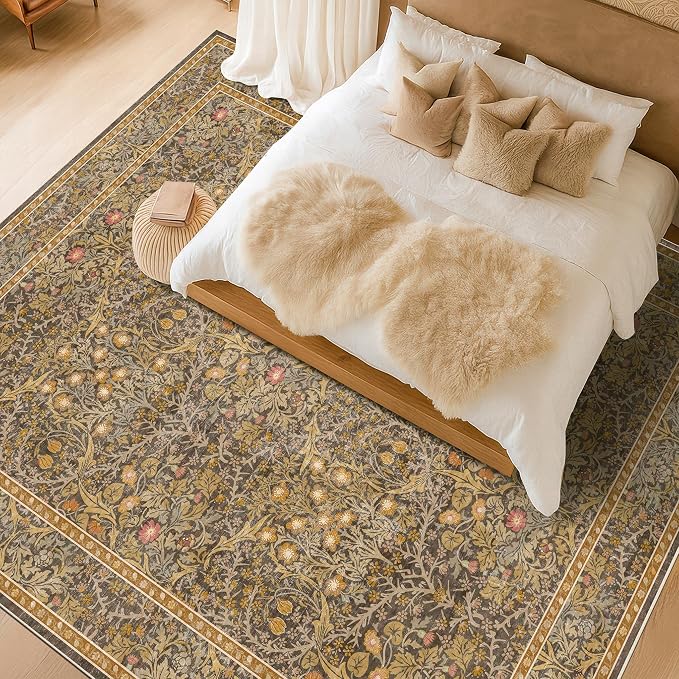 Vintage Gold Brown Living Room Rug, 7x10 Washable Area Rugs for Dining Room Under Table, Bedroom, Oriental Low Pile Stain Resistant Non-Slip Thin Soft Carpet