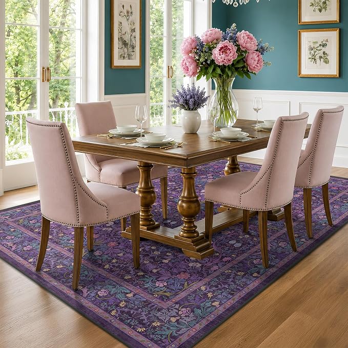 Plum Purple Floral Area Rug 6x9 for Dining Room, Living Room, Bedroom | Machine Washable, Non-Slip, Stain Resistant, Low Pile, Soft