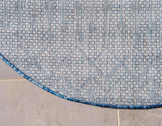 Unique Loom Outdoor Trellis Collection Area Rug - Tribal Trellis (3' 1" Round, Blue/ Ivory)