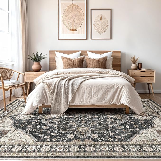 DTICON Vintage Washable 10x14 Area Rug Living Room Rugs, Black | Boho Distressed, Pet & Kid Friendly, Non-Slip Backing, Soft Polyester, Low-pile Carpet for Living Room, Bedroom, Dining Room