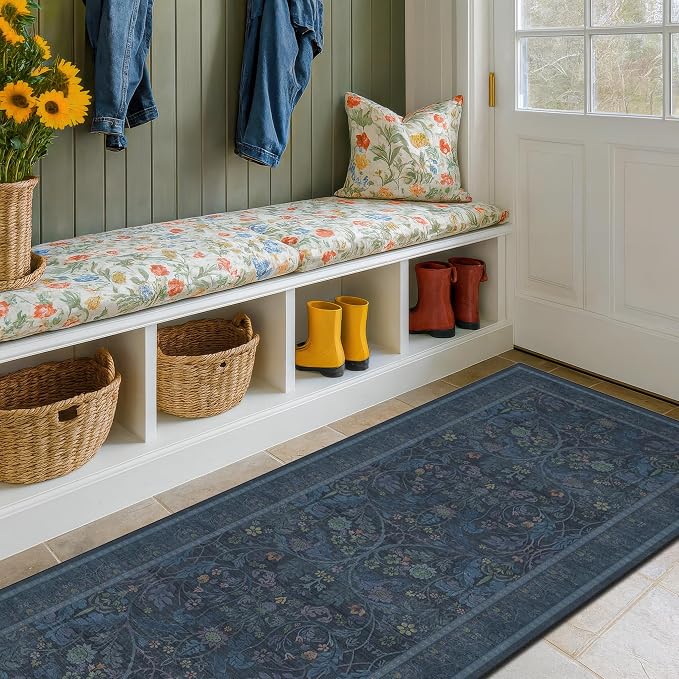 2'6"x8' 8ft Kitchen Runner Rugs Washable, Dark Blue Long Runner Rugs Non Slip for Hallway, Entryway, Victorian Forest Floral Stain Resistant Low Pile Thin Carpet