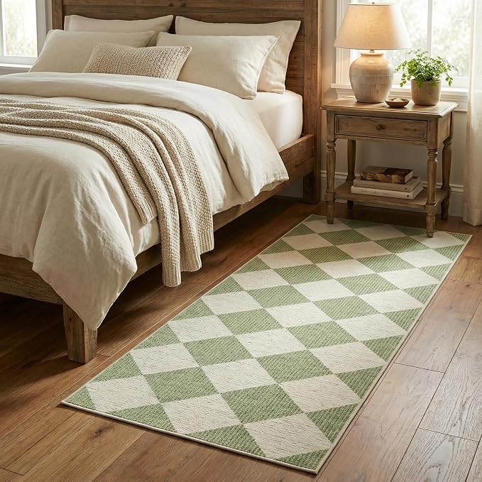 GarveeHome Checkered Rug Runners Hallway 2x6 Sage Green Kitchen Runner | Non Slip Soft Diamond Print Entryway Rug Thin Laundry Mat Stain Resistant Carpet for Bedroom Bathroom Beside