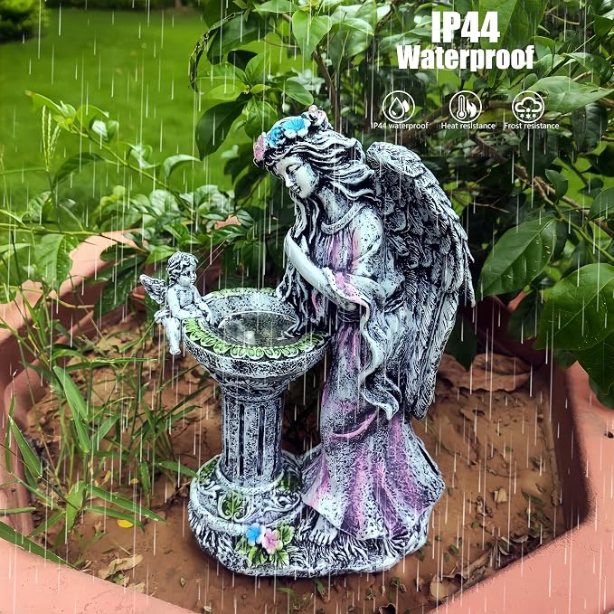Evursua Garden Angel Decor 12 Inch Solar Fairy Outdoor Statue with Fountain Light Color Changing, Solar Lights Yard Decoration for Front Porch Flowerpot Patio Ornaments, Home Decor Gifts for New Year