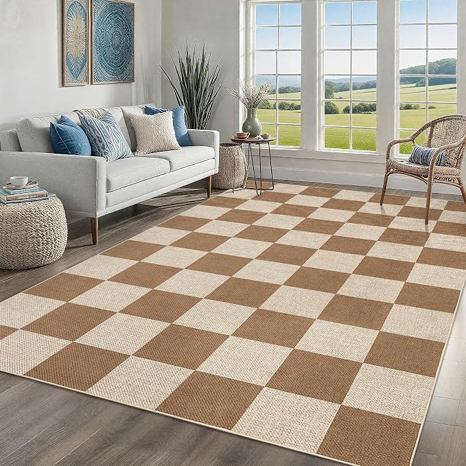 Garvee Easy Jute Outdoor Rug 5x7 Washable Modern Checkered Rugs，Brown | Living Room Non-Slip Farmhouse Checkered Outdoor Mat Neutral Floor Carpet for Bedroom Patio Dining Room Backyard