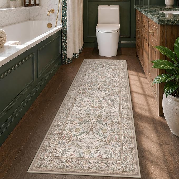Vintage Floral Moss 2x6 Bathroom Runner Rug Non Slip - Washable Low Pile Hallway Runner, Thin Neutral Taupe Green Traditional Decor Floor Carpet for Entryway, Laundry Room, Bedroom