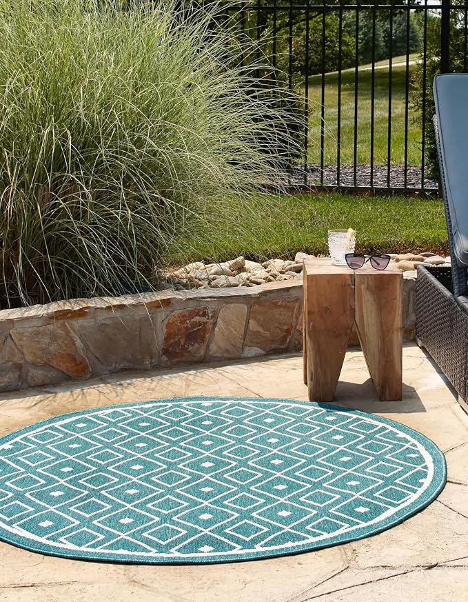 Unique Loom Outdoor Trellis Collection Area Rug - Kafes (4' 1" Round, Teal/ Ivory)