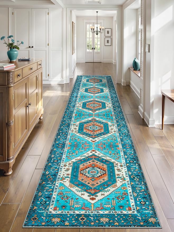SERISSA 2'6"x14' Washable Non Slip Boho Runner Rug for Hallway，Blue | Ultra Soft Vintage Oriental Carpet Low-Pile Tribal Floor Carpet for Kitchen Bedroom Entryway Bathroom Laundry Room