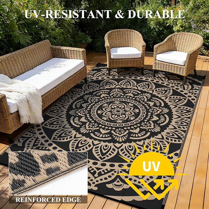 Bsmathom Waterproof Outdoor Rug, 5'x8', Black | Reversible, Boho Plastic Straw, Portable RV Mat, For Patio, Deck, Camping, Porch, Balcony, Backyard, Beach, Pool