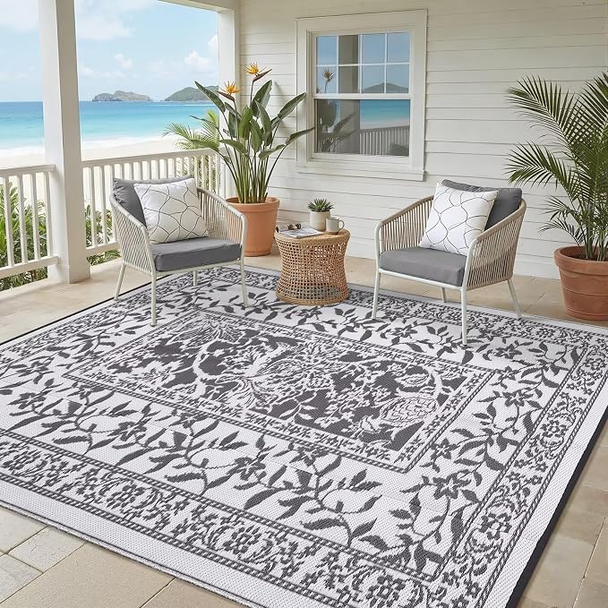 Garvee Outdoor Rug 5x8, Waterproof Reversible Foldable Plastic Straw Rug, Botanical cottagecore Outdoor Rugs Patio Camping RV Carpet for Deck Camper Porch Balcony Backyard Picnic Beach Grey
