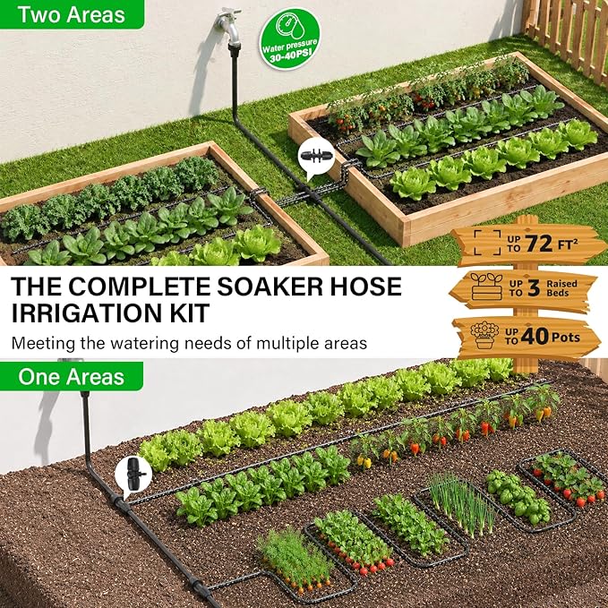 MIXC Drip Irrigation System with 100FT 1/4" Soaker Hose - 80% Water Savings, Weeping Tech for Deeper Root Watering, Garden Kit with 10FT 1/2" Tubing for Raised Beds, Vegetables, Lawn, Greenhouse