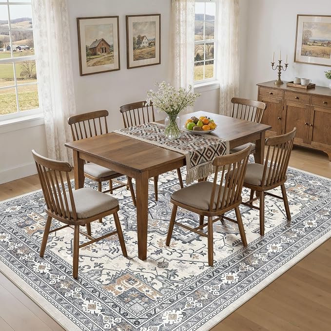 UERMEI 10x14 Area Rug Living Room Rugs - Washable Vintage Soft Large Rug Indoor Floor No Slip Rug Carpet for Bedroom Farmhouse Under Dining Table Home Office Decor - Grey-Orange