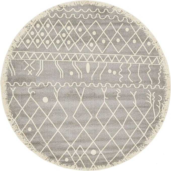 Unique Loom Fez Collection Tribal, Moroccan, Bohemian Area Rug (8' 0 x 8' 0 Round, Gray/ Beige)