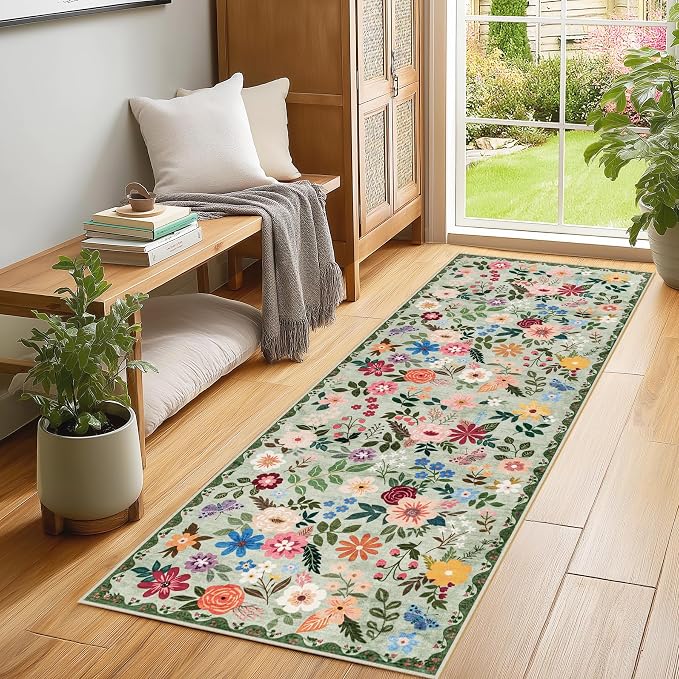 PLHXFR 2.6x8 Washable Runner Rug：Floral Indoor Kitchen Soft Carpet Green | For Hallway Bedroom Kitchen Laundry Bathroom Dorm,Vintage Floral,Machine washable,Non Slip,Stain Resistant,Indoor Floor