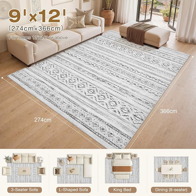 cotiled Boho 9x12 Area Rug for Living Room: Large Moroccan Washable Rug | Solve Modern Neutral Trendy Home Decor - Stain Resistan Carpet for Bedroom Farmhouse Dining Room Cream Grey