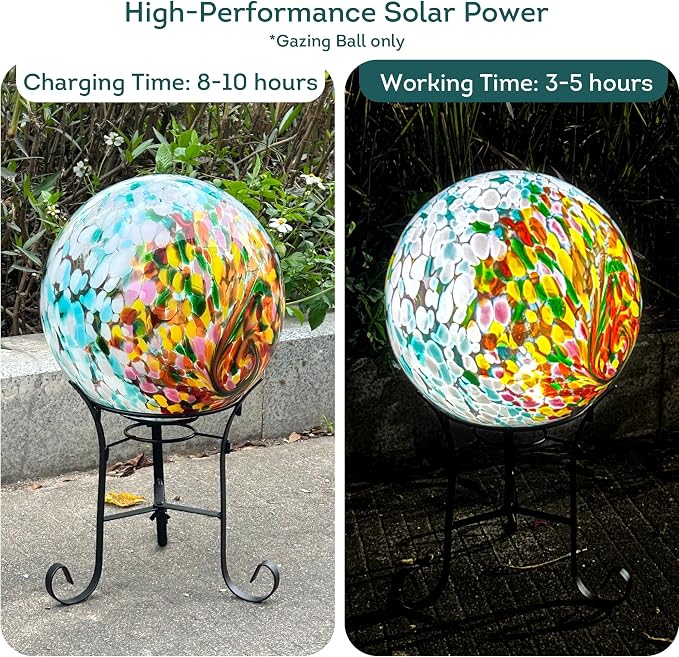 Lily's Home Gazing Ball - 10" Glass Globe with Solar Powered Lights - Outdoor Solar Lights for Yard & Patio - Garden Decor - Automatic On/Off Photosensitive Switch - Turquoise