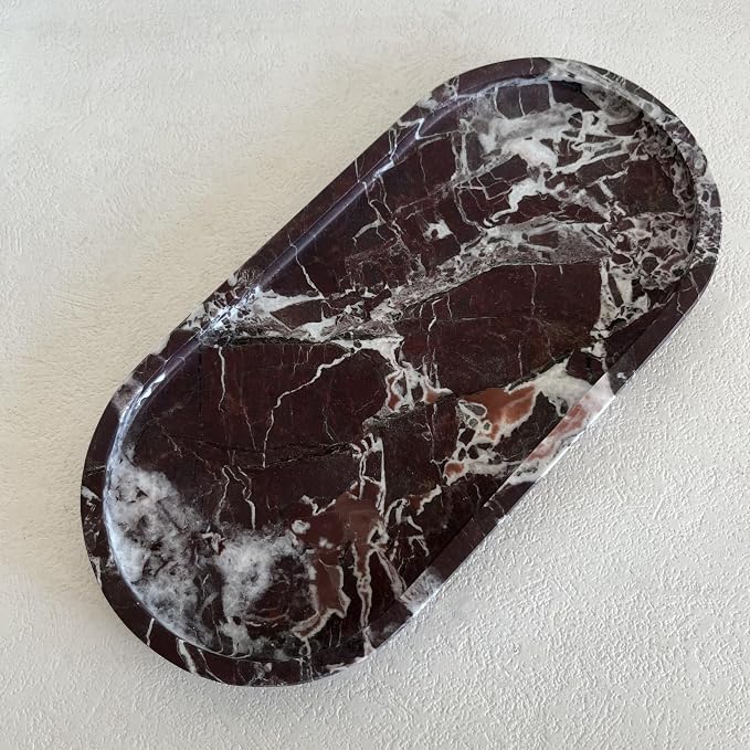Natural Marble Oval Tray Ornaments Vintage Small Tray Storage Dish for Counter, Vanity, Dresser, Nightstand and Desk (Rosa Levanto)