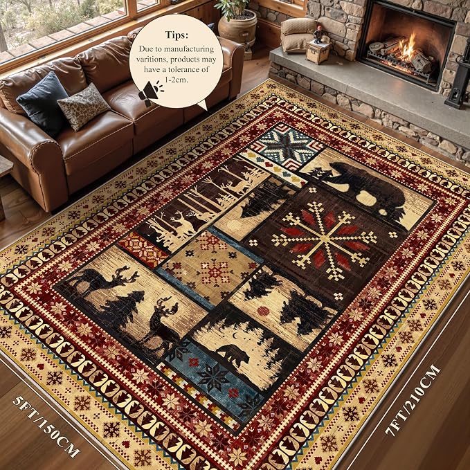 LOKHOM 5x7 Rustic Cabin Area Rug, Non-Slip Washable Western Lodge Bear Rug | Bear Pattern, Low Pile, Soft Vintage Wildlife Accent Floor Carpet, For Living Room Bedroom Entryway Nursery