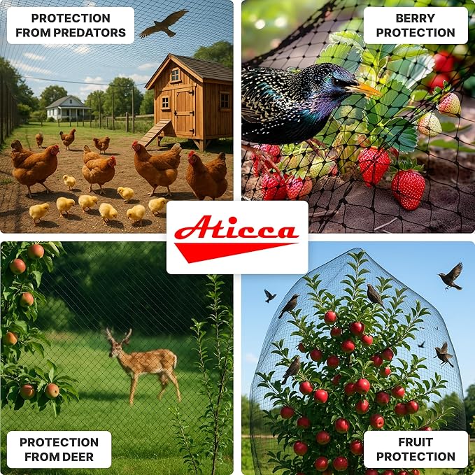 ATICCA Heavy Duty Bird Netting for Garden Protection & Fruit Trees, 15x15 Ft with 10 Stakes – Black Anti-Bird Net for Poultry, Deer, & Squirrel Protection, Durable Mesh for Garden and Yard Use