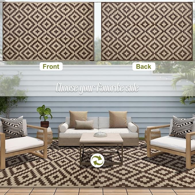 SAND MINE Reversible Mats, Plastic Straw Rug, Modern Area Rug, Large Floor Mat and Rug for Outdoors, RV, Patio, Backyard, Deck, Picnic, Beach, Trailer, Camping (6' x 9', Brown & Beige)