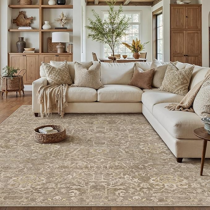 6x9 Light Brown Vintage Floral Washable Area Rug for Living Room | Low Pile, Non Slip, Retro Style, Soft Distressed Indoor Rug for Bedroom, Dining Room, Kitchen, Entrance, Home Decor