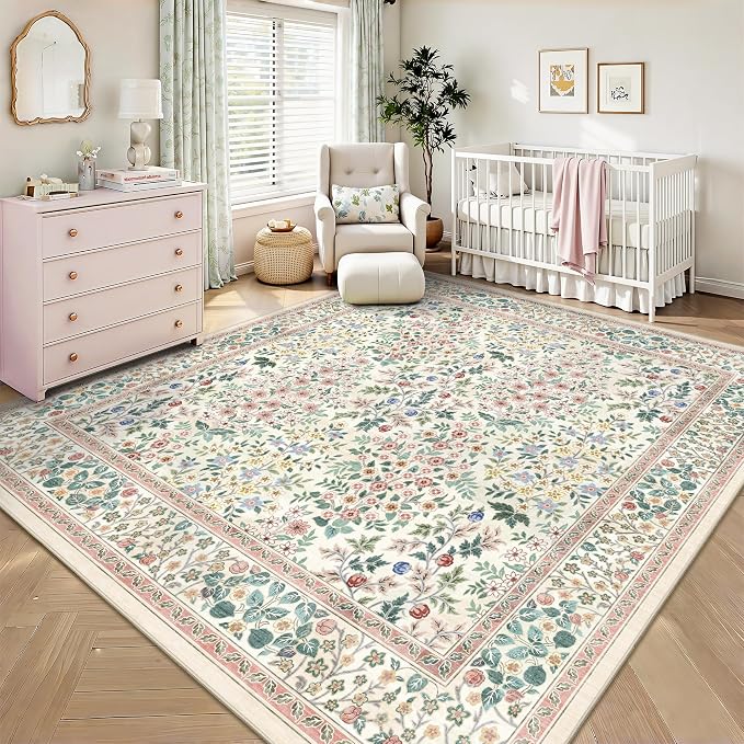 6x6 Square Area Rugs, Machine Washable Low Pile Floral Rugs for Living Room, Bedroom, Large Boho Area Rug with Non-Slip Backing for Dining Room(Pink Floral)