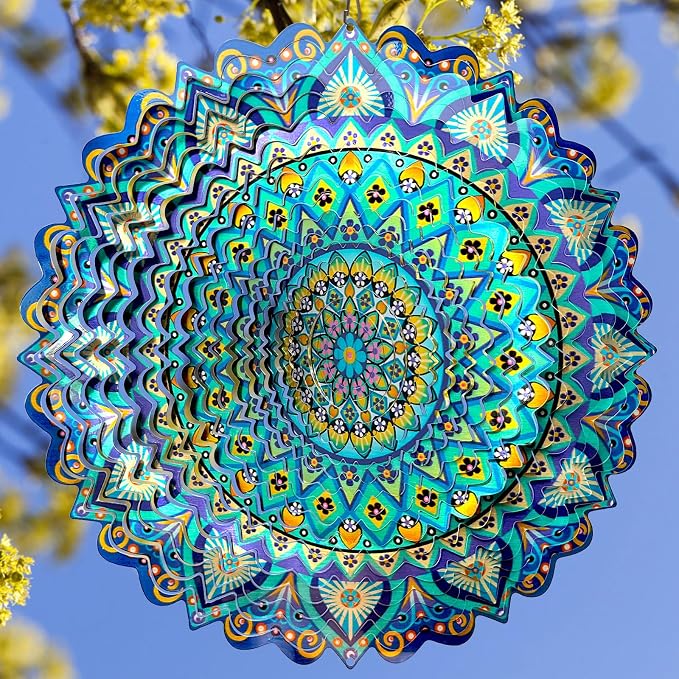 Wind Spinner Mandala Peacock Blue Ocean,12Inch Stainless Steel Wind Spinners Outdoor,Gifts for Women,Mother,Men,Father,Holidays,3D Kinetic Yard Art Decorations,Christmas Garden Decor